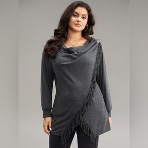 BloomChic Charcoal Long Sleeve Top with Fringe Accent